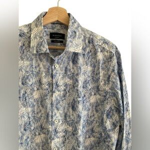 Bugatchi Shirt Men’s Blue White Medium Comfort Stretch Long Sleeve Button
